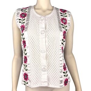 Handmade Embroidered Pink Flowers White Button‎ Up Tank Vest Sleeveless Size M